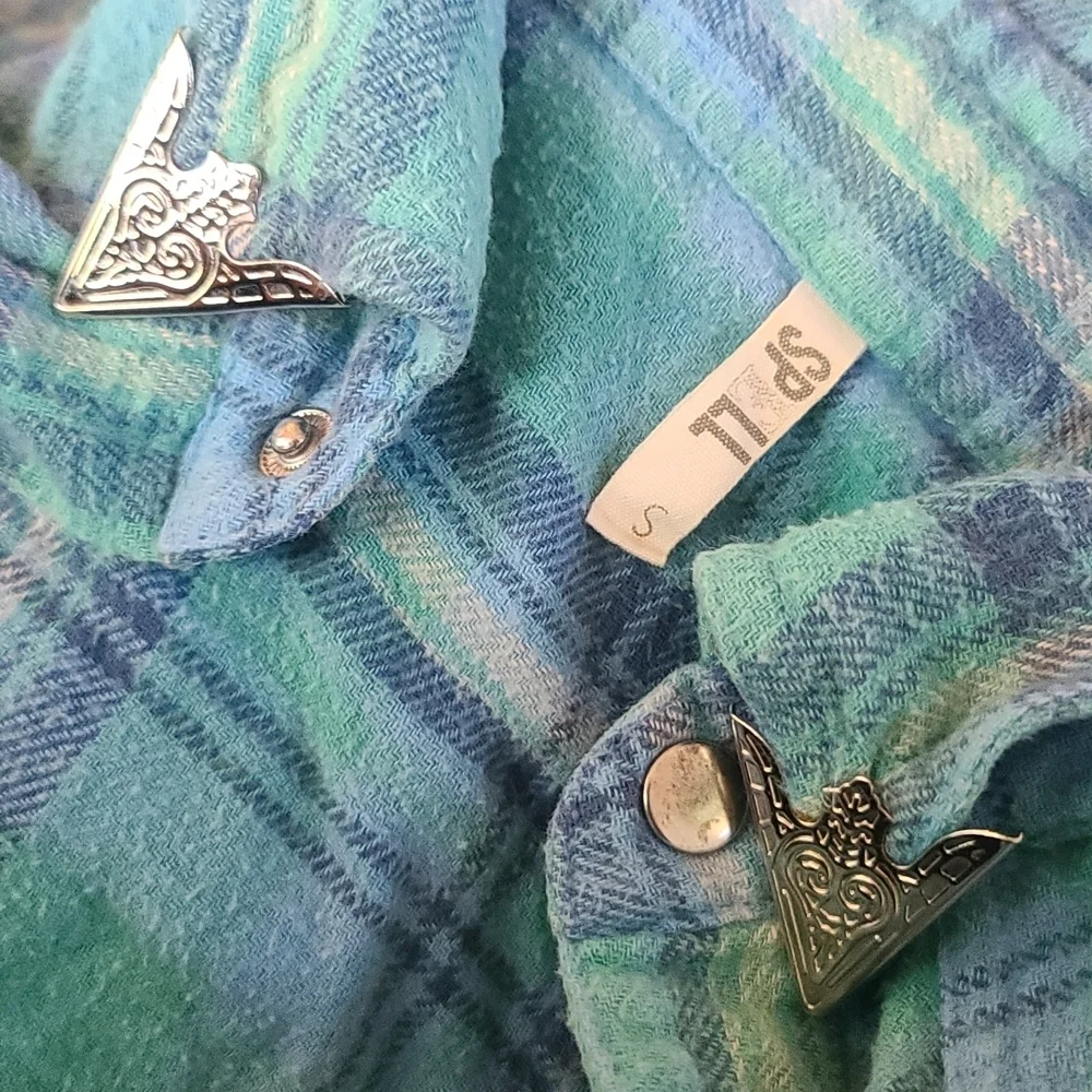 Spell designs lost highway flannel shirt turquoise buttondown S teal flannelette - Picture 11 of 16